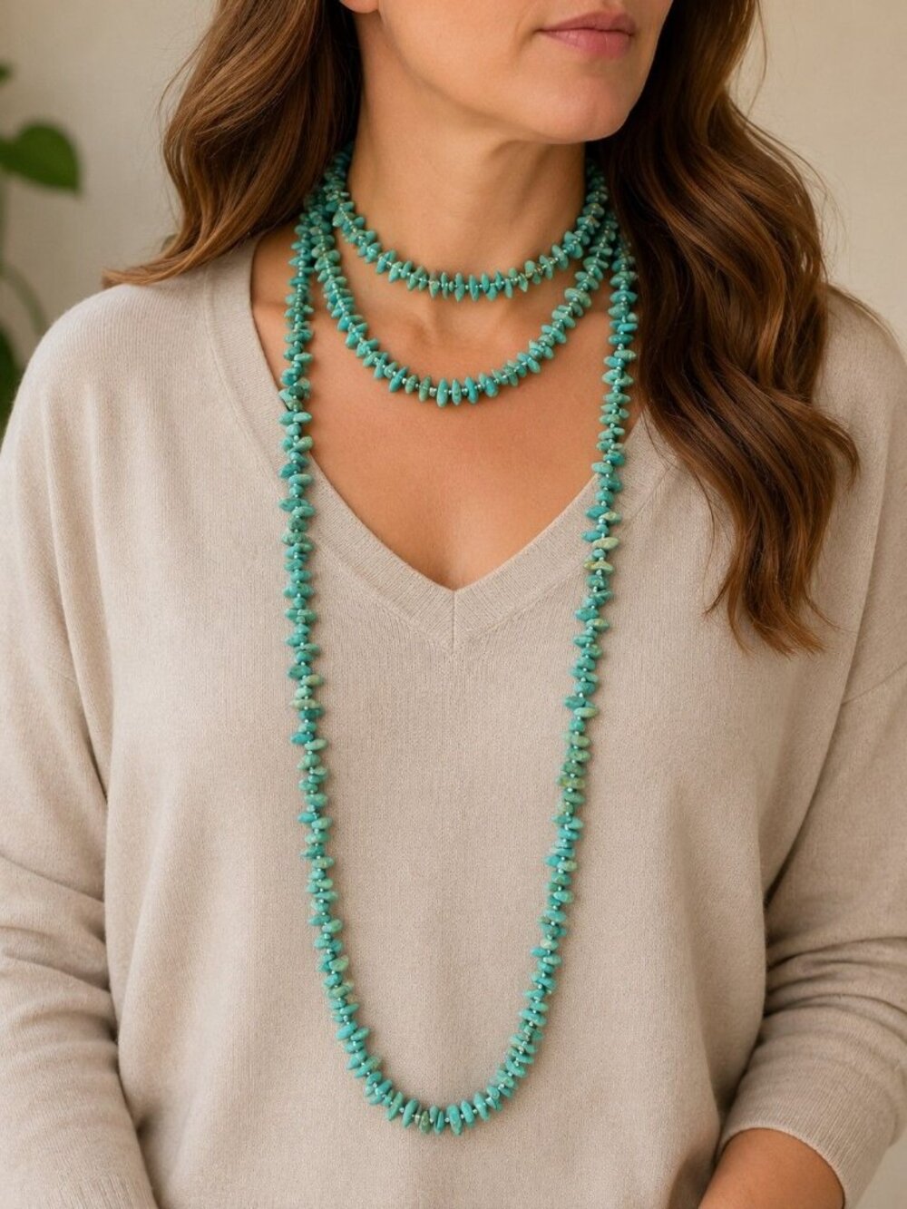 Sally C Treasures SX 925 Sterling Silver Turquoise Chip Necklace 82" Endless Wra - Picture 2 of 6